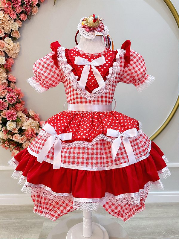 Fantasia Infantil Junino Vermelho Xadrez Babados Luxo