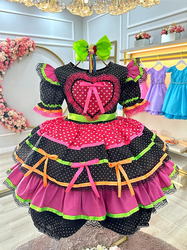 Vestido Infantil Junino Preto Colorido Babados Luxo