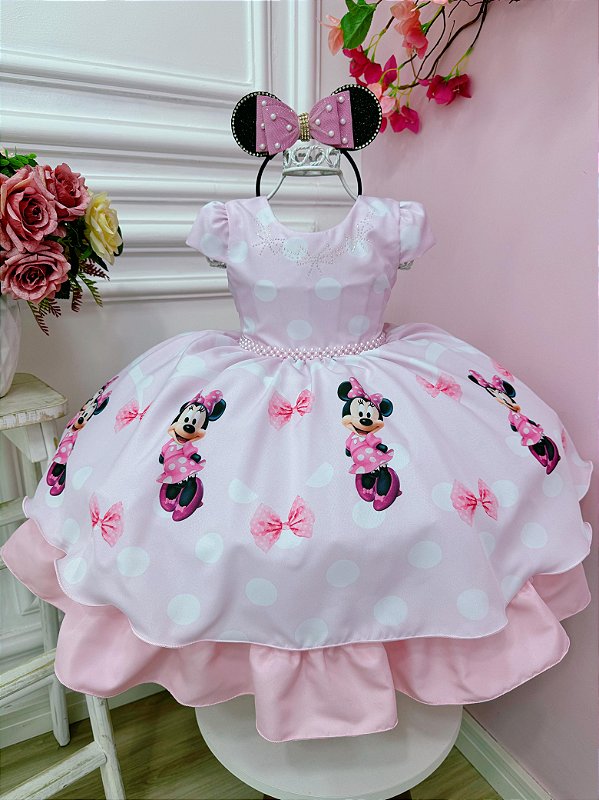 Vestido Minnie Rosa Com Bolinhas e Pérolas Luxo