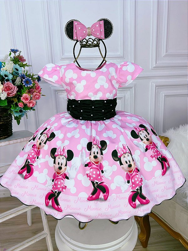 Vestido Infantil Minnie Rosa Com Pérolas Festas
