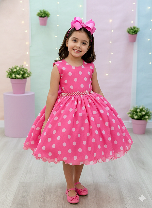 Vestido Infantil Minnie Rosa Bolinhas Brancas Festas Luxo