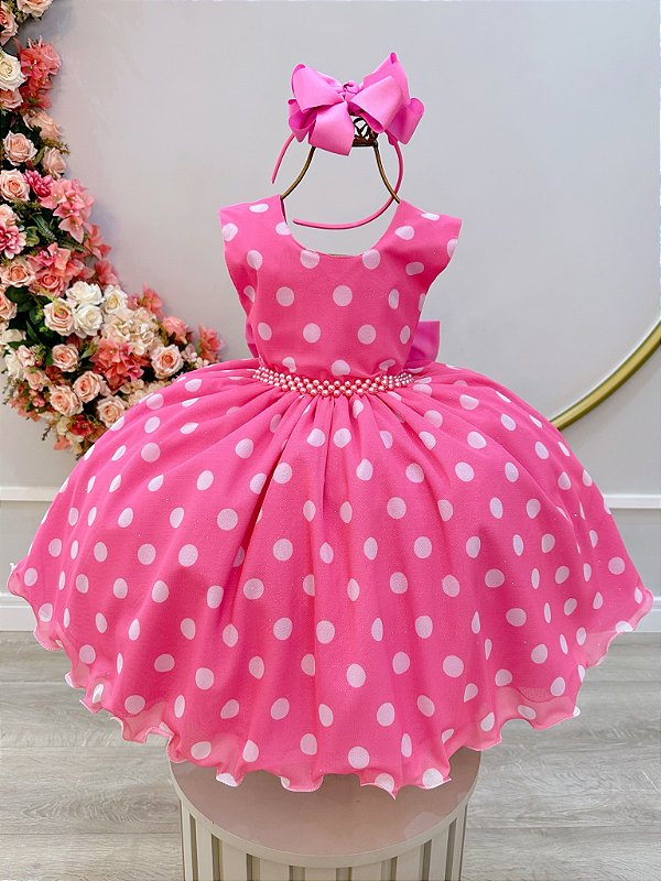 Vestido Infantil Minnie Rosa Bolinhas Brancas Festas Luxo