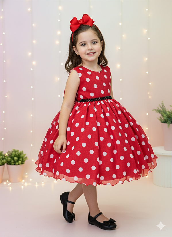 Vestido Infantil Minnie Vermelho Bolinhas Brancas Festas Luxo