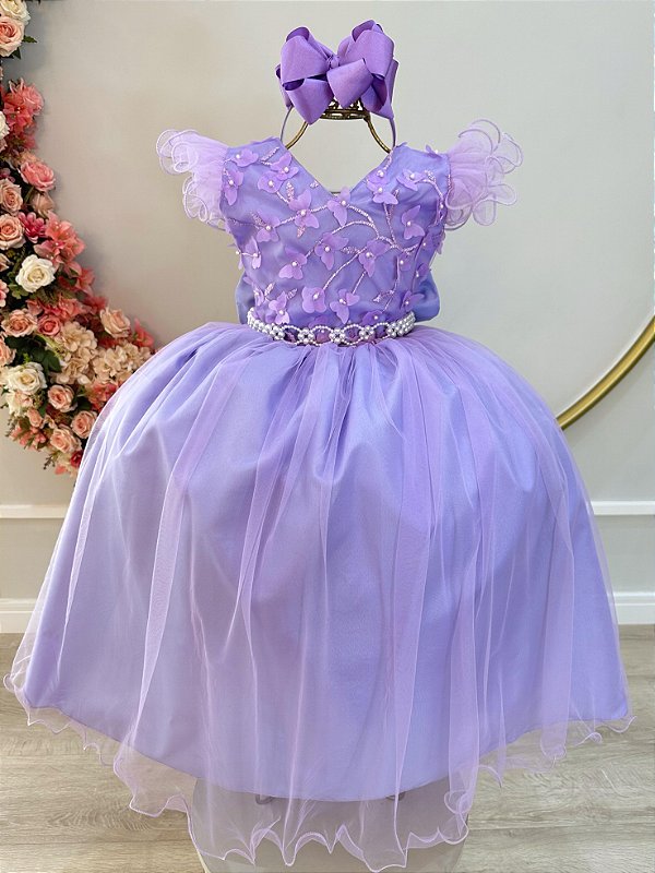Vestido Infantil Longo Lilás com Apliques e Renda