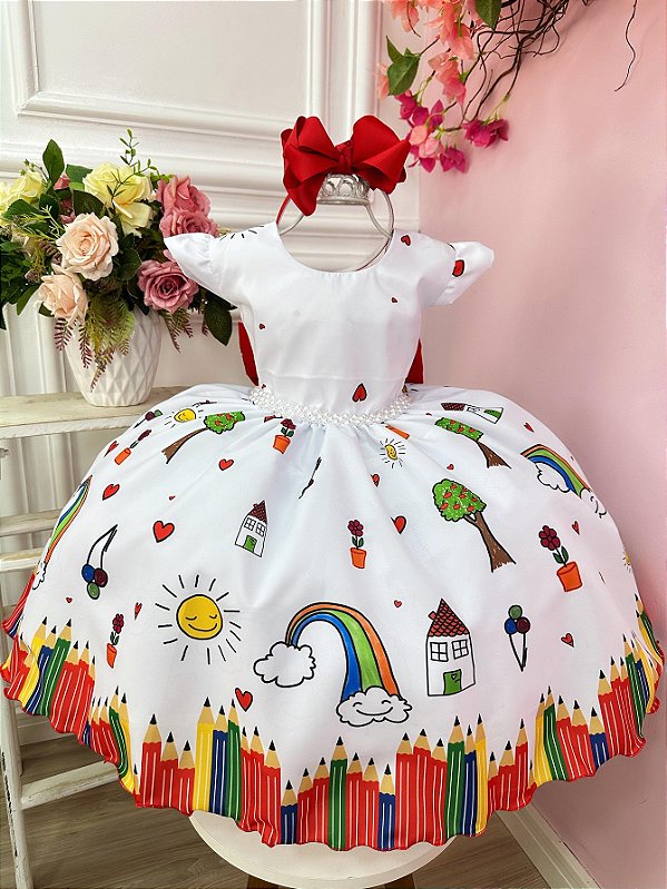 Vestido Infantil Branco Aquarela Cinto de Pérolas Festas