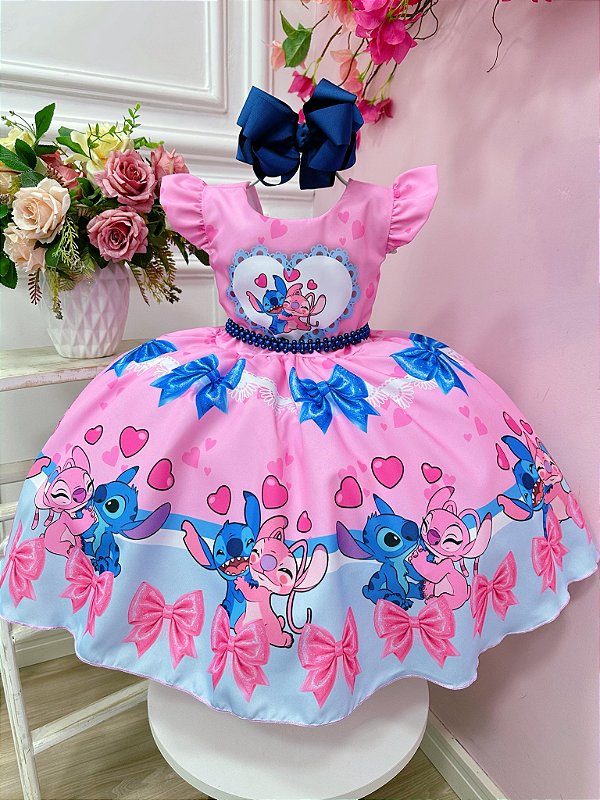 Vestido Infantil Stitch Lilo e Angel Rosa Festas