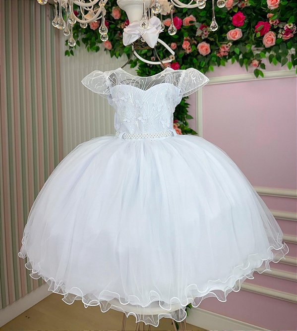 Vestido Infantil Branco Renda Festa Luxo Midi