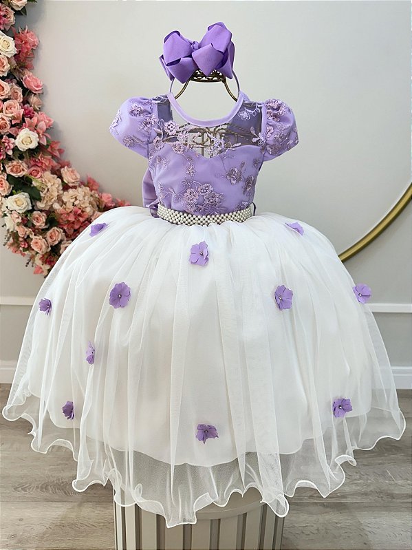 Vestido Infantil Lilás Saia Off Renda Casamento Formatura