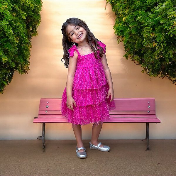 Vestido Infantil Rosa de Alça e Com Plumas Luxo