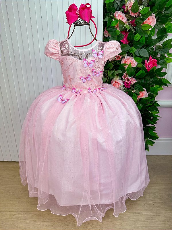 Vestido Jardim Encantado Longo Borboletas Rosa Bebe