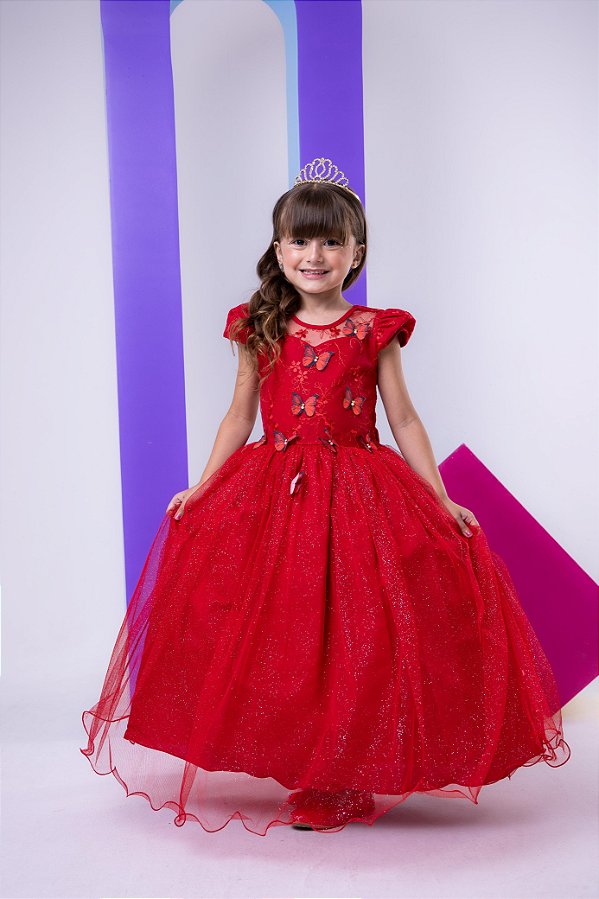 Vestido Jardim Encantado Longo Borboletas Vermelho