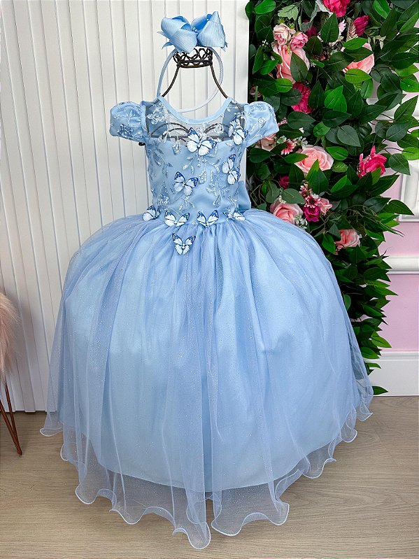 Vestido Jardim Encantado Longo Borboletas Azul Bebe