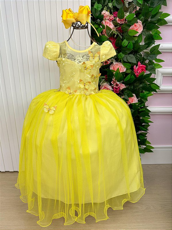 Vestido Jardim Encantado Longo Borboletas Amarelo