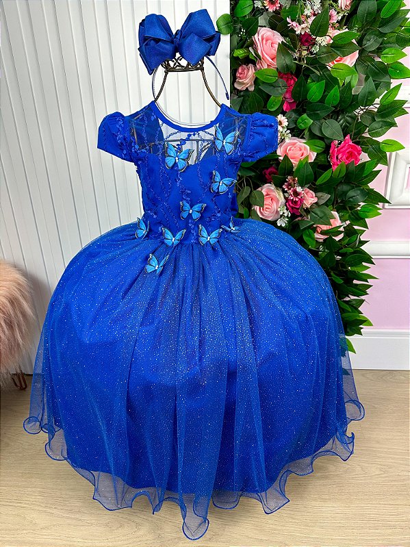 Vestido Jardim Encantado Longo Borboletas Azul Royal