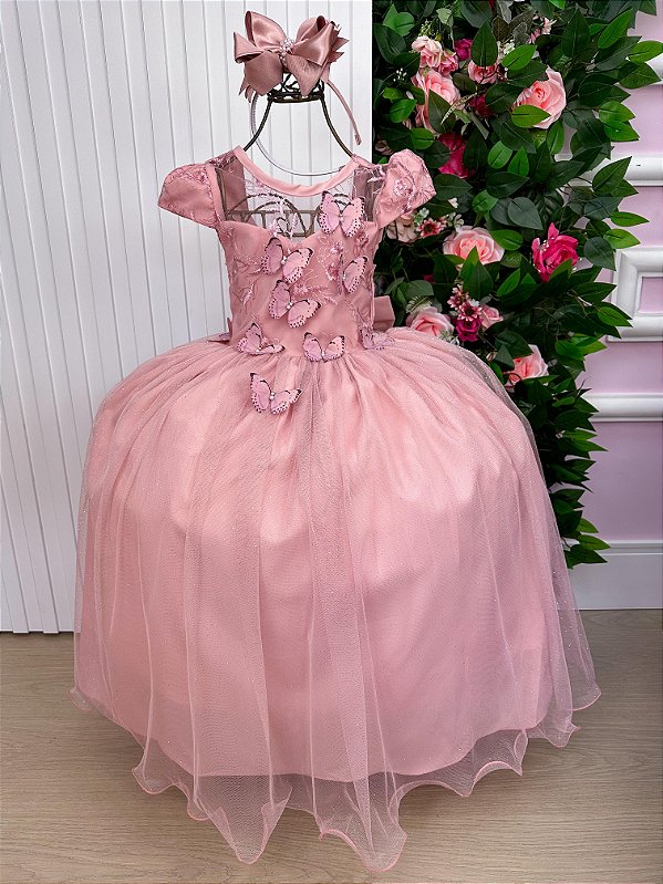 Vestido Jardim Encantado Longo Borboletas Rose