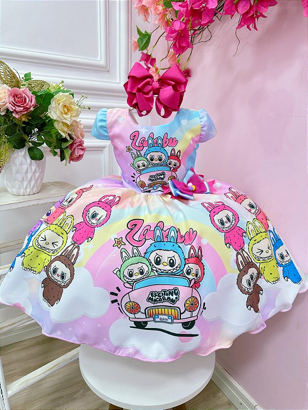 Vestido Infantil Labubu 3D Colorido Festas