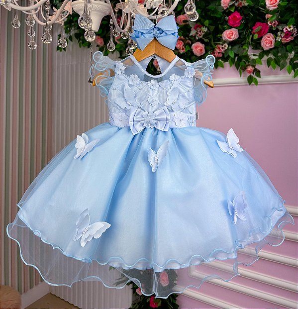 Vestido de Festa Azul Bebe Jardim Encantado Laço