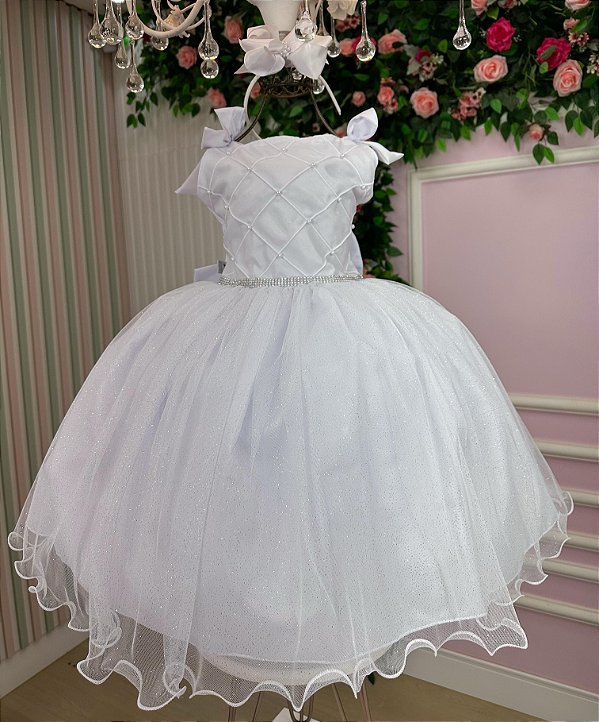 Vestido de Festa Infantil Branco Festa Luxo Tule Glitter