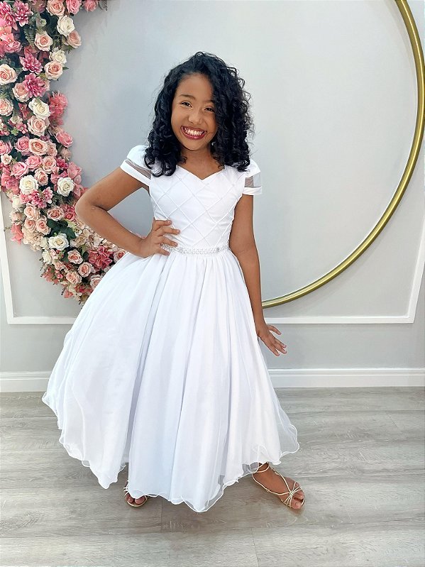 Vestido Infantil Branco Busto Nervura Cinto Pérolas Damas