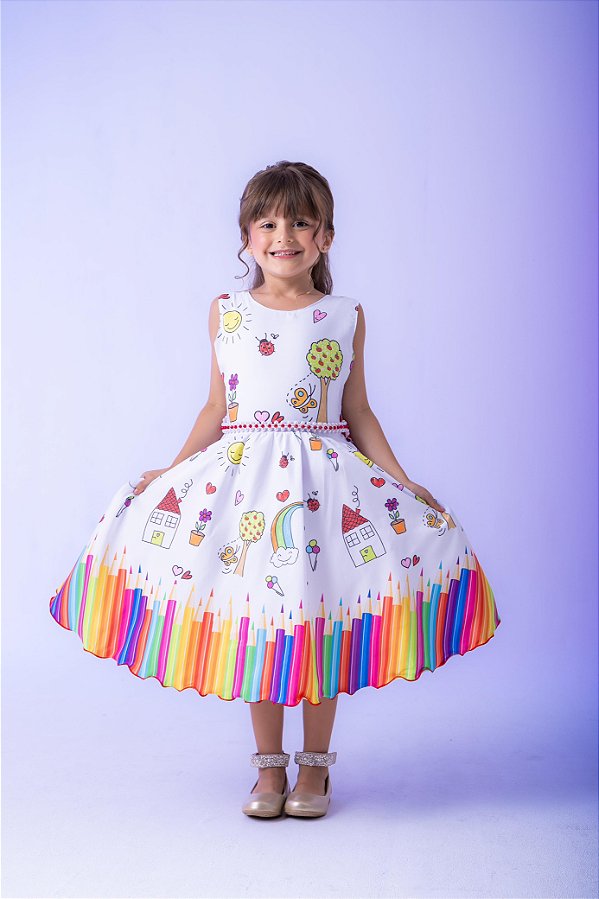Vestido Lapis Aquarela ABC Branco e Vermelho