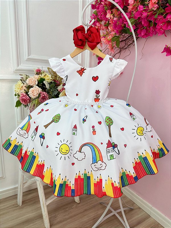Vestido Infantil Branco Aquarela Com Cinto de Pérolas Luxo