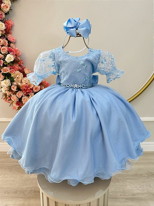 Vestido Infantil Azul Claro Com Renda Luxo Festas