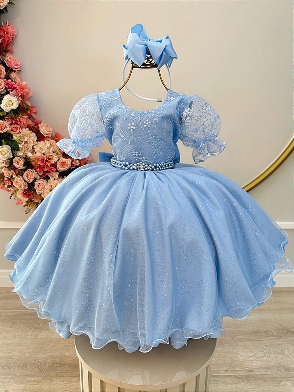 Vestido Infantil Azul Claro Com Renda Festas