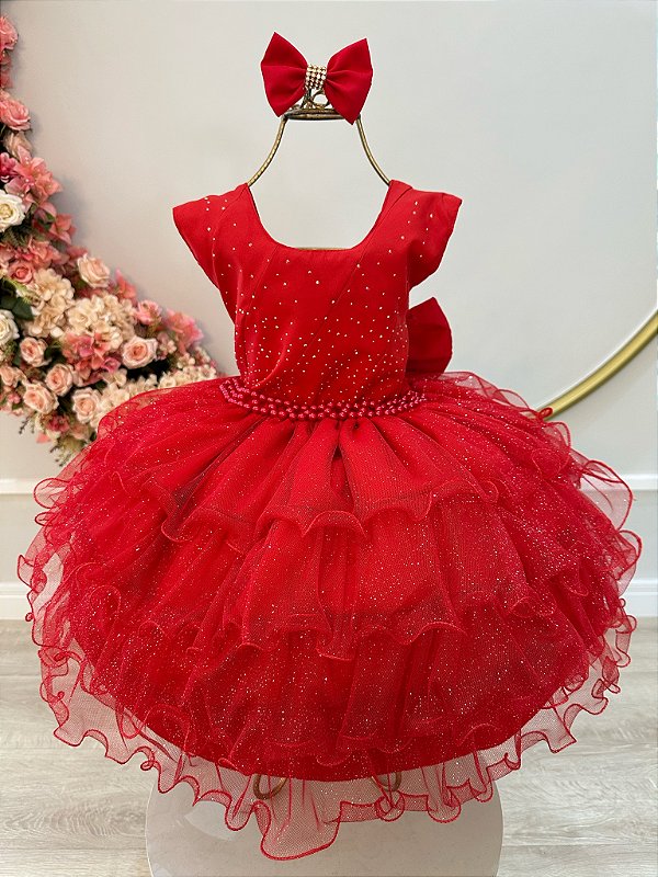 Vestido Infantil Vermelho Saia Babados e Glitter