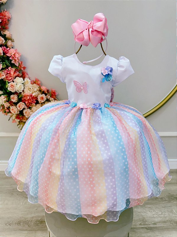 Vestido Infantil Branco Jardim Encantado Chuva de Amor Arco Iris