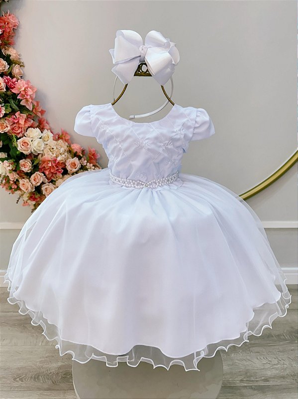 Vestido Infantil Branco Busto Bordado Flores Daminha Festa