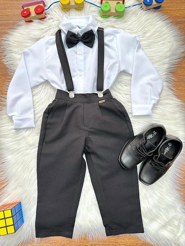 Conjunto Social Pajem Camisa Branco Calça Gravata Susp. Preto
