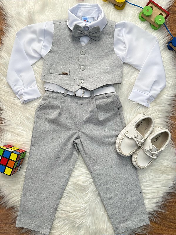 Conjunto Social Pajem Camisa Branca Gravata Calça e Colete Cinza