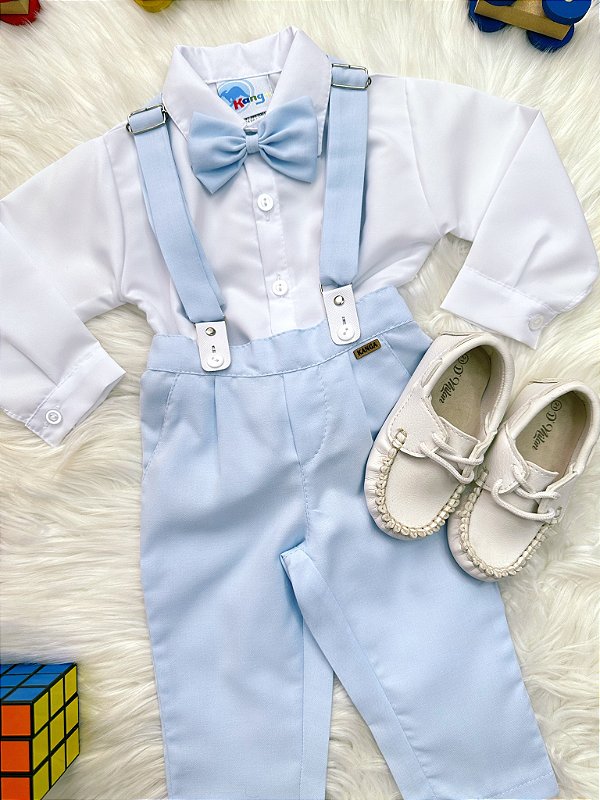 Conjunto Social Bebê Camisa Branca Calça Gravata e Susp. Azul
