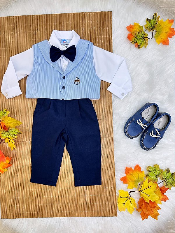 Conjunto Social Calça Colete Gravata Azul e Camisa  Branca