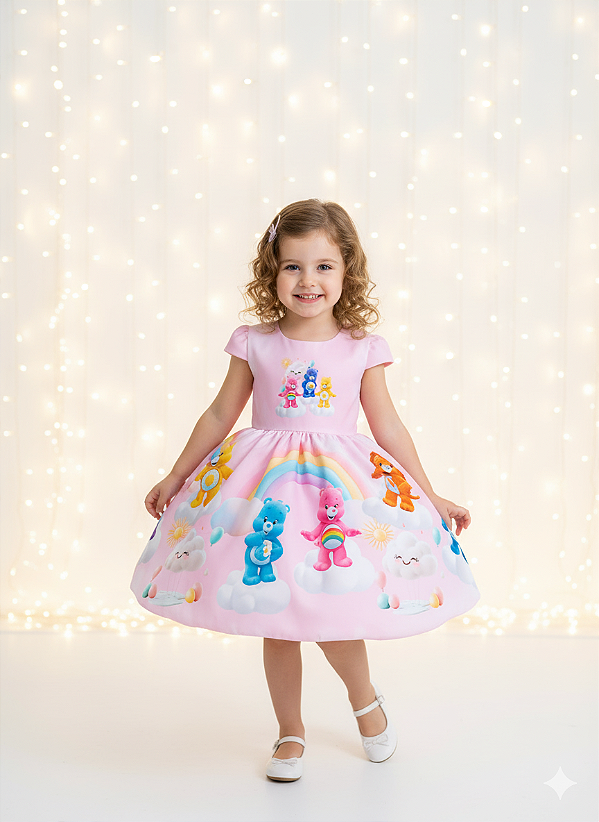 Vestido Infantil Rosa Ursinhos Carinhosos Festas Aniversários