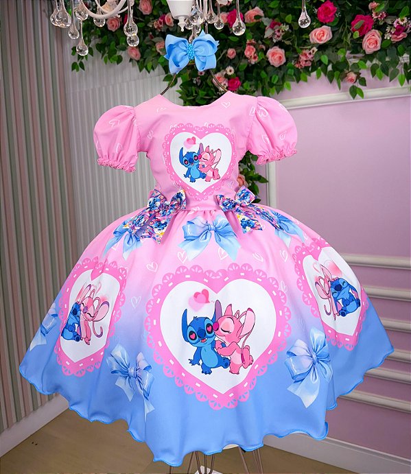 Vestido Stitch e Angel Rosa Tematico Luxo Aniversario