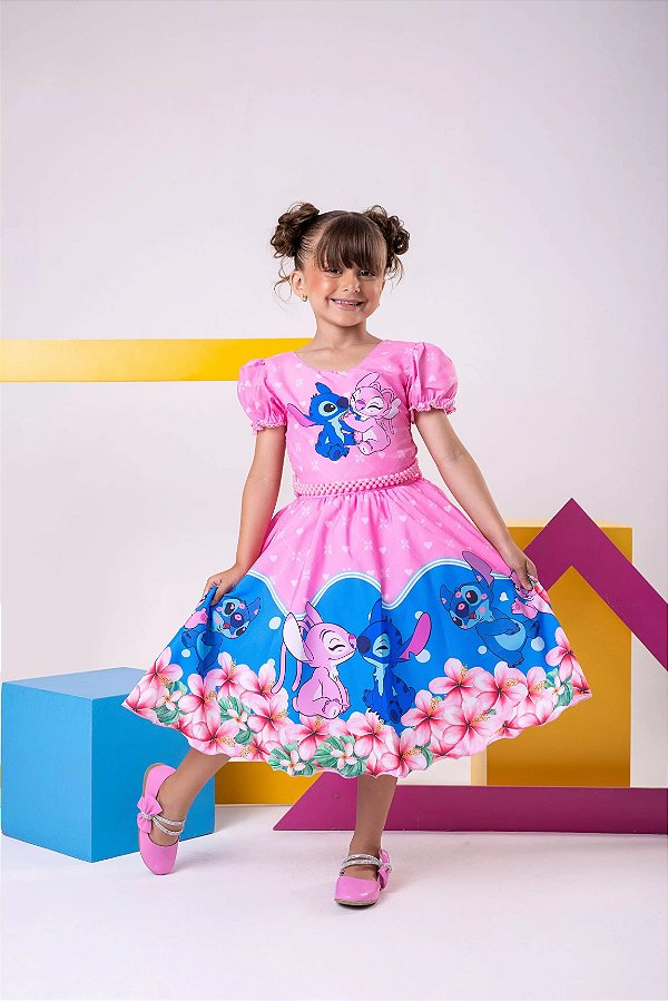 Vestido Stitch e Angel Rosa Pink Tematico Luxo Aniversario