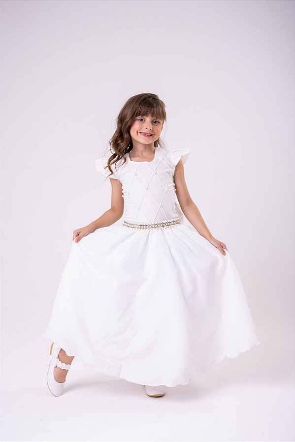Vestido Infantil Off White Formatura Longo Dama de Honra Luxo Festas