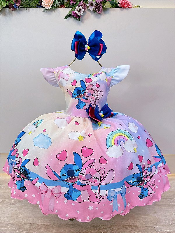 Vestido Lilo Stitch e Angel Infantil Apaixonados Colorido
