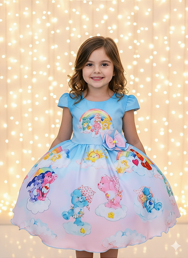 Vestido Infantil Azul Ursinhos Carinhosos Festas Aniversários