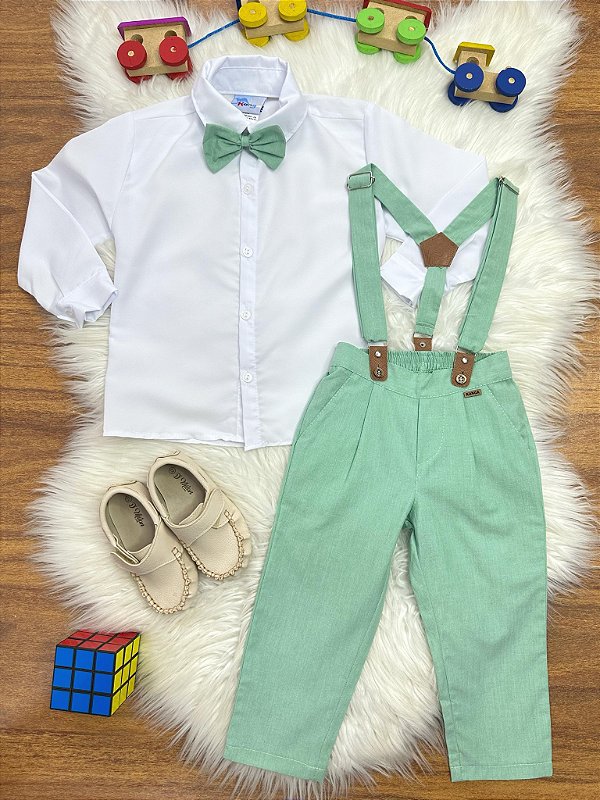 Conjunto Social Camisa Branca Com Calça Gravata e Susp. Verde