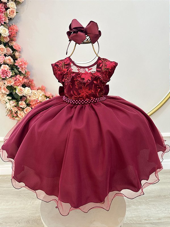 Vestido Infantil Marsala Babados e Renda
