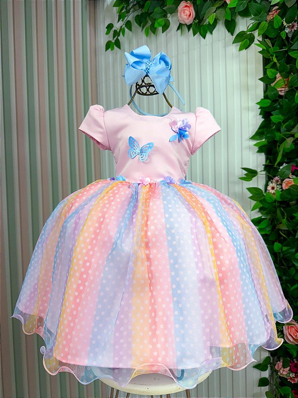 Vestido Infantil Rosa Jardim Encantado Chuva de Amor Arco Iris