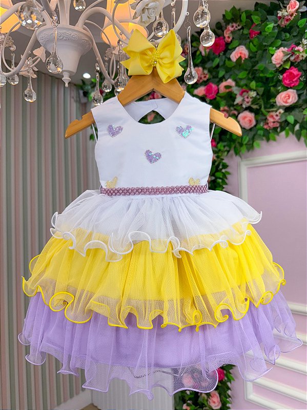 Vestido Infantil Branco Bebe Saia Babados Amarelo e Lilas