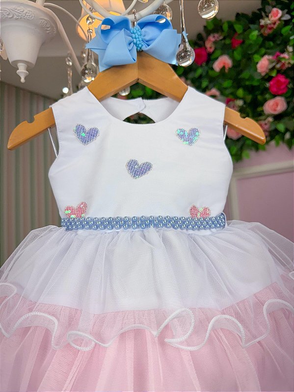 Vestido Infantil Branco Bebe Saia Babados Rosa e Azul