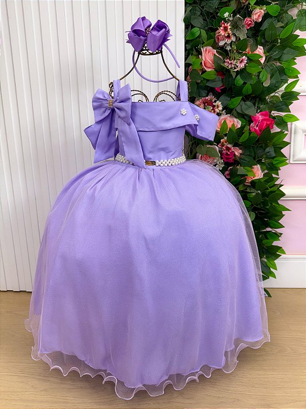 Vestido Infantil Longo Lilas Formatura Tule Glitter Festa