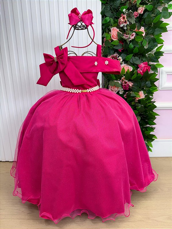 Vestido Infantil Longo Pink Formatura Tule Glitter Festa