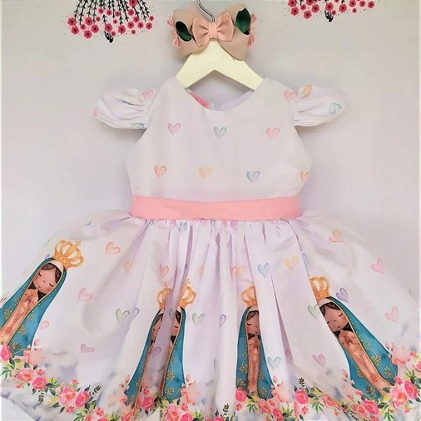 Vestido Infantil Nossa senhora Aparecida Corações Festa Luxo
