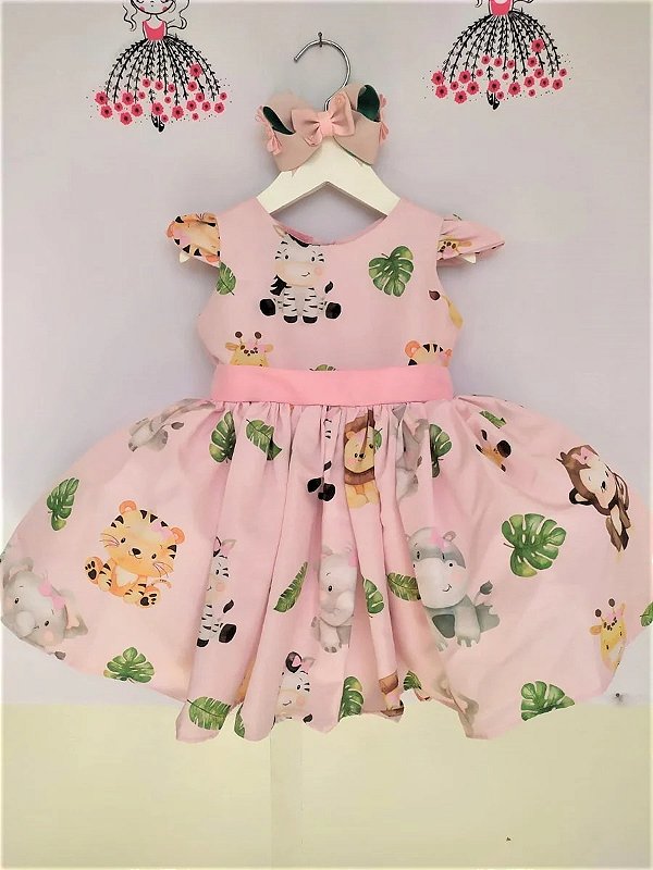 Vestido Luxo Safari Aquarela Fundo Rosa Bebê