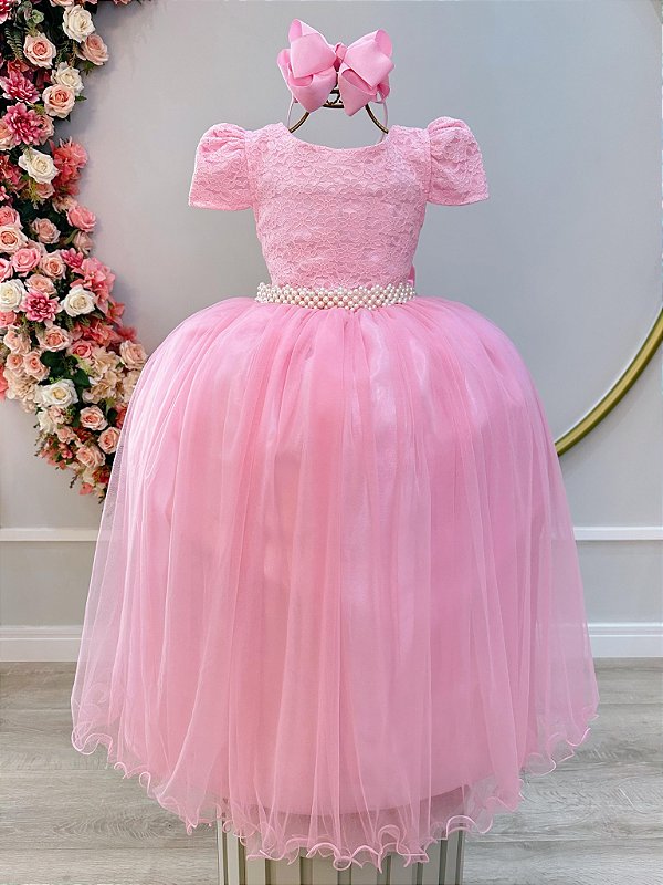 Vestido Infantil Longo Rosa Tule Renda Casamento Festas